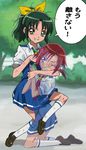  bad_id bad_pixiv_id blush dirty fukushima_masaru green_eyes green_hair green_neckwear grin hair_ornament highres hino_akane_(smile_precure!) kneeling midorikawa_nao multiple_girls nanairogaoka_middle_school_uniform necktie noogie ponytail precure red_eyes red_hair school_uniform short_hair skirt sleeves_rolled_up smile smile_precure! translated wince 