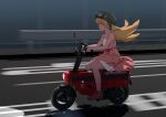  1girl bakemonogatari blonde_hair check_commentary commentary_request dress driving goggles goggles_on_headwear helmet highres honda honda_motocompo looking_at_viewer monogatari_(series) motor_vehicle oshino_shinobu red_shoes scooter shoes user_pzkg3434 vampire yellow_eyes 
