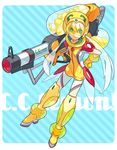  blonde_hair boots c.c._lemon c.c._lemon_(character) cannon ebira food fruit green_eyes helmet lemon solo transparent visor weapon zipper 