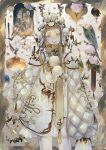  1girl absurdres bird blunt_bangs branch brown_hair candle coat commentary cowboy_shot flower frills hat highres long_hair long_sleeves looking_at_viewer makeup original pom_pom_(clothes) sidelocks smile solo standing tassel white_coat white_flower y!_(y83_oishi) yellow_eyes 