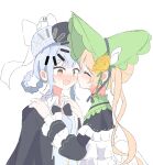  2girls :d absurdres bird_hat_ornament black_bow black_bowtie black_capelet black_hat blonde_hair blue_hair blue_necktie blush bonnet bow bowtie braid braided_hair_rings capelet chinstrap closed_eyes collared_shirt commentary_request deerstalker dress flower frilled_capelet frilled_dress frilled_sleeves frills green_bonnet hair_bow hair_flower hair_ornament hair_rings hat hat_bow highres kiss loading_icon lolita_fashion long_hair long_sleeves mahou_shoujo_no_majo_saiban march_23th multiple_girls necktie open_mouth rose shirt short_hair smile tachibana_sherry tono_hanna twintails white_background white_shirt wide_sleeves wings yellow_eyes yellow_flower yellow_rose yuri 