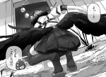  1girl absurdres ametonalu arm_support ass back black_hair black_wings commentary_request dutch_angle feathered_wings from_behind full_body geta grass greyscale hat highres landing leaning_forward low_wings monochrome outdoors pleated_skirt pom_pom_(clothes) sandals shameimaru_aya shirt skirt speech_bubble squatting tengu tengu-geta thighhighs tokin_hat touhou white_shirt wings 