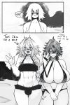  1boy 2girls abs absurdres animal_collar astolfo_(fate) astolfo_(memories_at_trifas)_(fate) blush braid braided_ponytail breasts bulge collar commentary cowboy_shot english_commentary fate/apocrypha fate_(series) genderswap genderswap_(mtf) genderswap_on_non-genderswap gigantic_breasts hetero highres holding holding_leash hyacihyaci implied_transformation jeanne_d'arc_(fate) leash long_hair low-braided_long_hair low-tied_long_hair monochrome multiple_boys multiple_girls nervous_sweating open_mouth own_hands_together plump sieg_(fate) sweat toned toned_male trap 
