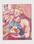  1boy ammsp722 bare_shoulders baskin-robbins blonde_hair blue_shirt blush border closed_eyes commentary_request earrings eating final_fantasy final_fantasy_vi food grey_border hair_tie highres holding holding_food holding_ice_cream holding_spoon ice_cream jewelry low_ponytail male_focus muscular muscular_male ponytail sabin_rene_figaro sash shirt short_hair sleeveless sleeveless_shirt solo spoon tongue tongue_out upper_body waist_sash 