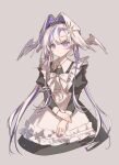  1girl :o apron black_dress blue_eyes blue_hair bow bowtie chinese_commentary colored_inner_hair commentary_request cropped_legs dress grey_background hair_intakes hair_ornament head_wings highres holding_own_wrist juliet_sleeves long_sleeves looking_at_viewer multicolored_hair prototype_design puffy_sleeves reverse:1999 school_uniform solo soviet_school_uniform star_(symbol) star_hair_ornament tansuangai_fenmo twintails voyager_(reverse:1999) white_apron white_bow white_bowtie white_hair white_wings wings 
