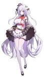  1girl absurdres alf_(silver_palace) alf_(silver_palace)_(cosplay) alternate_costume alternate_hairstyle black_sleeves blue_eyes bow bowtie breasts clothes_lift commentary cosplay covered_navel detached_sleeves drill_hair drill_sidelocks eyebrows_hidden_by_hair fedora female_detective_(silver_palace) flower-trimmed_skirt frilled_skirt frills full_body hat highres korean_commentary large_breasts leg_lift long_hair looking_at_viewer mini_hat pantyhose purple_hair red_bow red_bowtie red_pupils revealing_clothes sideboob sidelocks silver_palace single_drill skindentation skirt skirt_lift solo standing taiyaki12 taut_clothes thigh_strap very_long_hair white_background white_pantyhose 