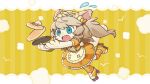  1girl animal_ears blue_eyes brown_hair cat_ears cat_girl cat_tail commentary_request dress enmaided fang flying_sweatdrops food frilled_dress frills full_body furrification furry furry_female highres inline_skates kasukabe_tsukushi_(artist) kasukabe_tsumugi long_hair maid official_art one_side_up open_mouth orange_dress orange_thighhighs pancake roller_skates skates solo striped_background striped_clothes striped_thighhighs tail thighhighs tripping voicevox yellow_background 