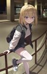  1girl absurdres backpack bag bang_dream! bang_dream!_it's_mygo!!!!! black_bag black_choker black_jacket black_shoes black_shorts blonde_hair chinese_commentary choker collarbone commentary_request foot_out_of_frame hair_between_eyes highres jacket legs long_sleeves looking_at_viewer medium_hair misumi_uika multicolored_jacket multicolored_shoes open_clothes open_jacket outdoors purple_eyes shirt shoes short_shorts shorts smile sneakers solo teeth thighhighs thighs two-tone_jacket two-tone_shoes white_jacket white_shirt white_shoes white_thighhighs xzu 