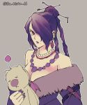  1girl bare_shoulders bead_necklace beads black_dress black_hair braid breasts cleavage commentary_request dress earrings final_fantasy final_fantasy_x fur-trimmed_dress fur_trim grey_background hair_bun hair_ornament hair_over_one_eye hair_stick highres holding holding_stuffed_toy ika_okura_66 jewelry large_breasts long_hair looking_at_viewer lulu_(ff10) mole mole_under_mouth moogle multiple_braids multiple_earrings multiple_necklaces nail_polish necklace purple_lips purple_nails red_eyes solo stuffed_toy twitter_username 