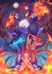  absurdres alternate_color animal_focus aqua_eyes blue_fire breath_weapon breathing_fire charburst charizard claws closed_mouth commentary dragon dragon_wings dynamax english_commentary fangs fiery_wings fire flame-tipped_tail gigantamax gigantamax_charizard highres mega_charizard_x mega_charizard_y mega_pokemon moon night no_humans open_mouth outdoors pokemon pokemon_(creature) pokemon_focus red_eyes shiny_pokemon sky smile sparkle star_(sky) tail wings 