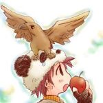  1boy animal_on_head apple bird bird_on_head black_gloves commentary_request fingerless_gloves food fruit gloves hawk holding holding_food holding_fruit hunter_(ragnarok_online) lowres male_focus on_head open_mouth panda_hat profile ragnarok_online red_hair solo todoemon white_background 