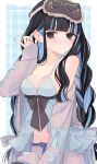  1388chan 1girl absurdres babydoll bare_shoulders black_hair blue_babydoll blue_hair blue_nails blush braid breasts cleavage colored_inner_hair commentary fate/grand_order fate_(series) grey_eyes grey_shorts grey_sweater hair_behind_ear hand_in_own_hair highres long_hair long_sleeves looking_at_viewer low_twin_braids medium_breasts multicolored_hair nail_polish navel off_shoulder shorts sidelocks sleep_mask sleepwear solo sweater tenochtitlan_(fate) twin_braids two-tone_hair untranslatable_commentary 