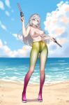  1girl absurdres beach breasts commentary_request dual_wielding grey_eyes grey_hair gun highres holding holding_gun holding_weapon jiuyuan_(nte) jiuyuan_(self-discipline_time)_(nte) large_breasts long_hair looking_at_viewer navel neverness_to_everness nipple_piercing nipples nude open_mouth outdoors pants piercing purple_eyes sand see-through_clothes see-through_pants smile solo water weapon xiaoxi0619 yellow_pants 