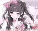  1girl :> absurdres blush bow brown_eyes brown_hair closed_mouth commentary_request eyelashes four-finger_heart_hands hair_bow heart heart_hands highres idol_clothes ilife long_hair long_sleeves mamori_mew oishi_na outline pink_bow pixel_heart real_life smile solo two_side_up white_background white_outline zoom_layer 