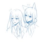 2girls animal_ears blush cho_kaguya-hime! fang fox_ears fox_girl hinagi_(fox_priest) kemonomimi_mode logo long_hair medium_hair mole mole_under_eye monochrome multiple_girls open_mouth rabbit_ears rabbit_girl runami_yachiyo sakayori_iroha simple_background skin_fang white_background 