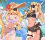  1girl beach bikini bird black_bikini black_sarong blonde_hair blue_sky breasts cleavage commentary_request day eye_mask gun hat highres holding holding_gun holding_weapon innertube long_hair mask medium_breasts miyu03052026 multiple_views navel ocean rifle sarong seagull see-through_clothes see-through_sarong sky stomach straw_hat summer swim_ring swimsuit thigh_strap thighs trigger_(zenless_zone_zero) very_long_hair weapon white_bikini white_sarong zenless_zone_zero 