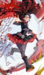  1girl anniversary black_boots black_corset black_dress black_eyes black_hair boots bright_pupils cape colored_petticoat colored_tips commentary copyright_name corset crescent_rose dress english_commentary eyelashes floating_cape full_body grey_pantyhose highres holding holding_scythe holding_weapon multicolored_hair outstretched_arm pantyhose petals petticoat reaching reaching_towards_viewer red_cape red_hair red_petals ruby_rose rwby scythe short_hair smile solo two-tone_hair weapon white_pupils xebime 