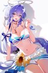  1girl absurdres bikini blue_hair breasts chinese_commentary chongchongbao_mushi commentary_request flower hair_ornament halo head_wings highres honkai:_star_rail honkai_(series) jewel_under_eye jewelry large_breasts long_hair looking_at_viewer navel necklace official_alternate_costume open_mouth revision robin_(honkai:_star_rail) robin_(summeretto)_(honkai:_star_rail) sarong sitting smile solo starfish_hair_ornament sunflower swimsuit white_bikini white_sarong white_wings wings 