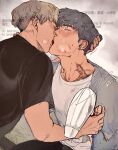  2boys absurdres black_shirt blonde_hair blush closed_mouth commentary_request french_kiss grey_hair hair_dryer hand_on_another's_head heavy_breathing highres holding_hands inukura kiss male_focus multiple_boys original pants scar scar_on_chest scar_on_neck shirt undercut white_shirt yaoi 