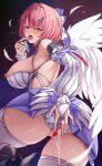  1girl absurdres ass back bare_shoulders blush bow breasts censored chien_zero commentary_request condom cum cum_in_pussy cum_overflow detached_sleeves feathered_wings hair_bow hair_ornament hairclip high_heels highres large_breasts large_variant_set looking_at_viewer mole mole_on_breast mosaic_censoring nipples open_mouth pink_eyes pink_hair pussy remielle_dan solo tongue tongue_out used_condom variant_set white_wings wings zenless_zone_zero 