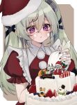 1girl absurdres alternate_costume bangboo_(zenless_zone_zero) black_nails blueberry cake cake_decoration christmas commentary_request corin_wickes eous_(zenless_zone_zero) food fruit green_hair hat highres holding holding_pastry_bag icing_on_face long_hair mistletoe nemutai_sihaisha orange_(fruit) orange_slice partial_commentary pastry_bag purple_eyes santa_hat short_sleeves solo strawberry sweat twintails upper_body wise_(zenless_zone_zero) zenless_zone_zero 