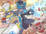  2others alternate_color apron aura_sphere_(pokemon) black_apron blush_stickers chef_hat commentary_request eevee fang food fruit furry hat highres holding holding_food holding_fruit lucario lucario_(chef's_whites) lucario_(super_chef) multiple_others one_eye_closed open_mouth pineapple pokemon pokemon_(creature) pokemon_cafe_remix red_eyes runachikku shiny_pokemon white_apron 