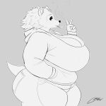 1:1 absurd_res animal_crossing anthro big_breasts breasts cbanov223 cigarette cleavage clothed clothing eulipotyphlan female gesture hand_gesture hedgehog hi_res huge_breasts mammal monochrome nintendo obese overweight sable_able solo standing sweatshirt thick_thighs v_sign