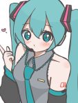 1girl arm_tattoo bare_shoulders blue_eyes blue_hair blue_necktie commentary detached_sleeves grey_shirt hair_between_eyes hatsune_miku headphones heart highres long_hair looking_at_viewer microphone necktie raised_eyebrows shirt sleeveless solo tattoo tina_muchimu untranslatable_commentary very_long_hair vocaloid white_background 