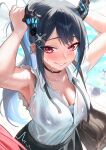  1girl 1other :d armpits arms_up asymmetrical_horns black_choker black_hair black_skirt blue_hair breasts choker cleavage colored_inner_hair commentary day ear_piercing earrings english_commentary flower grin hair_ornament hairclip highres hololive hololive_english horn_flower horns jailbird_(nerissa_ravencroft) jewelry large_breasts long_hair looking_at_viewer mole mole_under_eye multicolored_hair musical_note nerissa_ravencroft outdoors padoruu piercing ponytail purple_eyes shirt short_sleeves sidelocks skirt smile solo_focus tying_hair uneven_horns very_long_hair virtual_youtuber white_shirt x_hair_ornament 