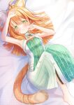  1girl absurdres ahoge animal_ears arknights armpits blush breasts cat_ears cat_girl cat_tail commentary dress earrings extra_ears green_dress green_eyes hand_on_own_head highres jewelry knees_up long_hair looking_at_viewer lying medium_breasts nervous_smile on_back on_bed orange_hair papyrus_(arknights) single_earring smile tail tail_ornament tail_ring two-tone_dress user_aeyv5275 white_dress 