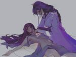  1boy 1girl alternate_hair_length_(longer) armpits black_nails braid bridal_gauntlets closed_eyes closed_mouth commentary crying english_commentary facing_another facing_to_the_side furisode genshin_impact groin hair_between_eyes hair_intakes hair_spread_out head_down highres japanese_clothes kimono long_hair low-braided_long_hair low-tied_long_hair lying midriff mitsudomoe_(shape) mother_and_child mother_and_son navel on_back parent_and_child parted_lips pink_lips purple_bridal_gauntlets purple_hair purple_kimono purple_sleeves raiden_shogun scaramouche_(genshin_impact) scaramouche_(kabukimono)_(genshin_impact) sitting tears three-quarter_sleeves tomoe_(symbol) very_long_hair white_mouth zenshyns 