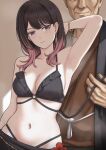  1boy 1girl absurdres akane-banashi armpit_crease armpits bare_shoulders bikini black_bikini black_kimono black_sarong blush bracelet breasts closed_mouth collarbone commentary earrings flower frilled_bikini frills hibiscus highres japanese_clothes jewelry kimono large_breasts long_hair looking_to_the_side navel old old_man osaki_akane pink_eyes pink_hair red_flower rina_lan_sur sarong single_earring solo_focus stomach sweat swimsuit yukata 