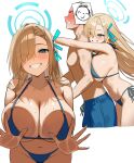  1boy 1girl asuna_(blue_archive) bare_shoulders bikini blonde_hair blue_archive blue_bikini blue_eyes blue_halo blue_shorts blush breast_press breasts cleavage collarbone commentary doodle_sensei_(blue_archive) grin groin hair_over_one_eye hair_ribbon halo haro_art hug hug_from_behind large_breasts long_hair looking_at_another looking_at_viewer navel ribbon sensei_(blue_archive) shorts smile swimsuit thighs very_long_hair 
