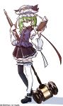  1girl absurdres asymmetrical_legwear black_shoes black_skirt black_thighhighs blue_eyes book breasts commentary_request epaulettes frilled_hat frills full_body gavel green_hair hat highres holding holding_book holding_mallet loafers long_hair long_sleeves looking_at_viewer mallet mismatched_legwear one-hour_drawing_challenge open_book oversized_object purple_hat purple_vest rod_of_remorse shiki_eiki shirt shoes skirt sleeve_bow small_breasts solo thighhighs touhou ve1024 vest white_shirt white_thighhighs wide_sleeves 