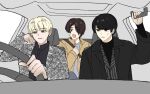  3boys absurdres black_eyes black_hair black_shirt blonde_hair brown_hair car_interior coat commentary_request driving highres jacket kamen_rider kamen_rider_zeztz_(series) long_sleeves male_focus multiple_boys nox_(kamen_rider_zeztz) open_mouth seatbelt shirt short_hair sieg_(kamen_rider_zeztz) steering_wheel table_ware61 yellow_eyes yorozu_baku 