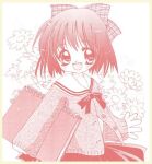  1girl 2000s_(style) :d blush bow bowtie cardigan commentary_request flower hair_bow holding holding_sketchbook kouzuki_mio long_sleeves looking_at_viewer monochrome one_-_kagayaku_kisetsu_e open_mouth plaid_bow red_theme sailor_collar shikishi short_hair sketchbook skirt smile solo todoemon upper_body 