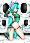  aqua_eyes aqua_hair armpits ayase_tamaki bad_id bad_pixiv_id boots character_name detached_sleeves hatsune_miku headphones knee_boots kneehighs kneeling long_hair navel solo speaker twintails very_long_hair vocaloid 