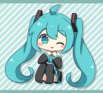  1girl :p ;p ahoge blue_necktie blush_stickers chibi chibi_only closed_mouth commentary_request detached_sleeves diagonal-striped_background double-parted_bangs drop_shadow full_body green_background green_eyes green_hair hair_between_eyes hatsune_miku knees_up long_hair looking_at_viewer necktie nukotun one_eye_closed outline sitting smile solo striped_background tongue tongue_out twintails very_long_hair vocaloid white_outline 