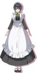  1girl anime_coloring apron black_dress black_hair black_shoes closed_mouth cross_tie dot_nose dress drop_shadow frilled_apron frills full_body green_cross_tie hat heroine?_seijo?_iie_all-works_maid_desu_(hokori)! highres long_dress long_sleeves looking_at_viewer maid maid_apron mary_janes melody_wave mob_cap official_art pantyhose purple_eyes shoes smile solo standing straight-on tachi-e transparent_background white_apron white_pantyhose 