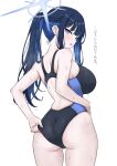  1girl absurdres ass bare_back bare_shoulders black_one-piece_swimsuit blue_archive blue_eyes blue_hair blue_halo blunt_bangs blush breasts clothes_pull colored_inner_hair commentary_request halo highres intron large_breasts long_hair looking_back multicolored_hair one-piece_swimsuit one-piece_swimsuit_pull open_mouth ponytail saori_(blue_archive) solo swimsuit thighs translation_request 