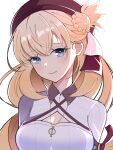  1girl absurdres agnes_claudel beret big_hair blonde_hair blue_eyes braid braided_base braided_bun breasts bun_with_braided_base cleavage cleavage_cutout closed_mouth clothing_cutout collared_shrug commentary crossed_bangs double-parted_bangs eiyuu_densetsu english_commentary floating_hair hair_between_eyes hair_bun hat head_tilt highres jewelry kai_no_kiseki kaishain_ichigo kuro_no_kiseki_(series) long_hair looking_at_viewer low-tied_long_hair medium_breasts necklace portrait red_hat ribbed_sweater shrug_(clothing) simple_background single_side_bun smile sweater tearing_up tears white_background 