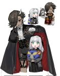  1boy 1girl :d add_(fate) animal_on_arm animalization arm_at_side ascalaphus_(fate) backpack bag bird black_bow black_cloak black_corset black_dress black_gloves black_jacket black_shorts bow bowtie brown_hair cape_umbrella cardigan cloak cloak_lift closed_mouth corrupted_twitter_file corset cropped_legs dress earrings fate/grand_order fate_(series) feather_hair_ornament feathers gloves gold_earrings gray_(fate) gray_lily_(fate) green_eyes grey_cardigan grey_hair hair_bow hair_ornament hair_over_one_eye hair_tubes half_updo hand_up highres holding holding_strap holding_stuffed_toy jacket jewelry light_blush long_hair long_sleeves looking_at_animal looking_at_another looking_at_viewer multiple_views nekwnek notice_lines open_clothes open_mouth orange_bow orange_bowtie owl person_and_animalization red_eyes red_vest shirt shorts simple_background single_earring single_hair_tube single_sidelock smile sparkling_eyes stuffed_toy thigh_strap two-sided_cloak two-sided_fabric vest white_background white_gloves white_shirt 