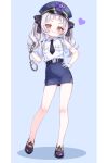  >:) 1girl 4kimizuki absurdres alternate_costume arched_bangs belt black_belt black_necktie black_ribbon black_shoes blue_background blue_hat blue_skirt blush breast_pocket closed_mouth commentary contrapposto cuffs flat_chest full_body gloves grey_hair hair_ribbon hand_on_own_hip handcuffs hat hat_ornament heart highres holding holding_handcuffs hololive lone_nape_hair long_hair long_sidelocks looking_at_viewer miniskirt murasaki_shion necktie official_alternate_hairstyle peaked_cap pencil_skirt pocket police police_hat police_uniform policewoman ribbon shirt shoes short_eyebrows short_necktie short_sleeves shoulder_boards side_slit sidelocks simple_background skirt solo star_(symbol) star_hat_ornament twintails v-shaped_eyebrows virtual_youtuber white_gloves white_shirt yellow_eyes 