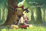  02charaice20 1girl absurdres ball_and_chain_restraint blonde_hair boots bow bowtie brown_boots brown_horns commentary_request day english_commentary english_text fang footwear_bow forest gourd grass hair_bow highres horn_ornament horn_ribbon horns ibuki_suika long_hair looking_at_viewer milestone_celebration nature on_ground one_eye_closed oni open_mouth outdoors pixel_art purple_skirt red_bow red_bowtie ribbon shadow sitting skin_fang skirt smile solo touhou tree under_tree very_long_hair yellow_eyes 