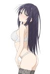  1girl absurdres black_hair black_thighhighs blush bra breasts cho_kaguya-hime! closed_mouth commentary_request green_eyes highres long_hair looking_at_viewer medium_breasts mole mole_under_eye panties sakayori_iroha simple_background solo thighhighs thundradrawings underwear white_background white_bra white_panties 