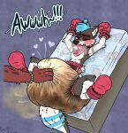 anthro big_diaper blue_body blue_fur blue_hair blue_tail blush blush_lines booties brown_body brown_fur brown_tail canid canine canis clothing dango_(nebstar) diaper erection erection_in_diaper excessive_feces eyes_closed feces fur hair handwear heart_symbol hi_res huge_diaper hyper hyper_diaper hyper_feces lying male mammal mittens moan object_in_mouth onomatopoeia orgasm pacifier pacifier_in_mouth poofbuttrocky restrained_arms smelly soiled soiled_diaper sound_effects spread_legs spreading stained_diaper stink_fumes tail text unclean_diaper used_diaper watermark white_body white_fur white_tail wolf