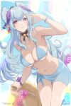 1girl @_@ bare_shoulders beach bikini black_choker blue_bikini blue_hair blue_sarong border bracelet breasts choker cleavage collarbone commentary cowboy_shot day earrings english_commentary flower genshin_impact grin hair_between_eyes hair_bun hair_ornament hanging_breasts hat highres jewelry large_breasts leaning_forward long_hair looking_at_viewer nail_polish navel outdoors ozzyart_0221 paid_reward_available parted_lips pink_eyes pink_nails pointy_ears sarong sidelocks smile solo stomach straw_hat swimsuit tail thigh_gap thighs underboob unworn_hat unworn_headwear very_long_hair wet white_border yumemizuki_mizuki 