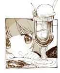  1girl blush cherry commentary drooling food fruit highres ice ice_cream ice_cream_float ice_cube idolmaster idolmaster_cinderella_girls long_sleeves looking_at_food monochrome mouth_drool open_mouth sajililli sepia solo sparkling_eyes tareme untranslatable_commentary yorita_yoshino 