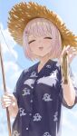  1girl absurdres animal blue_sky blush breasts closed_eyes cloud cloudy_sky collared_shirt commentary day eyelashes fingernails fish fish_hook fishing fishing_rod ghost_print hair_ornament hairclip hat highres holding holding_animal holding_fish holding_fishing_rod nijisanji open_mouth pink_hair pink_nails purple_shirt rissenka shiina_yuika shirt short_sleeves sky smile solo straw_hat virtual_youtuber yellow_hat 
