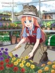  1girl akikawa_yayoi_(umamusume) alternate_costume animal_on_head blue_eyes blue_shirt blue_sky blush brown_pants brown_shoes cat cat_on_head cloud collared_shirt commentary english_commentary flower flower_pot gardening hat highres holding holding_trowel kneeling long_hair lowe's multicolored_hair name_tag naoyuki_arts on_head open_mouth orange_hair pants red_vest shirt shoes short_sleeves sky smile soil solo streaked_hair trowel umamusume vest watering_can white_hair 